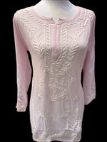 chikankari short kurti leaf motifs pink