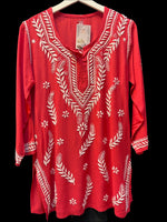 chikankari short kurti leaf motifs red