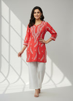chikankari short kurti leaf motifs red