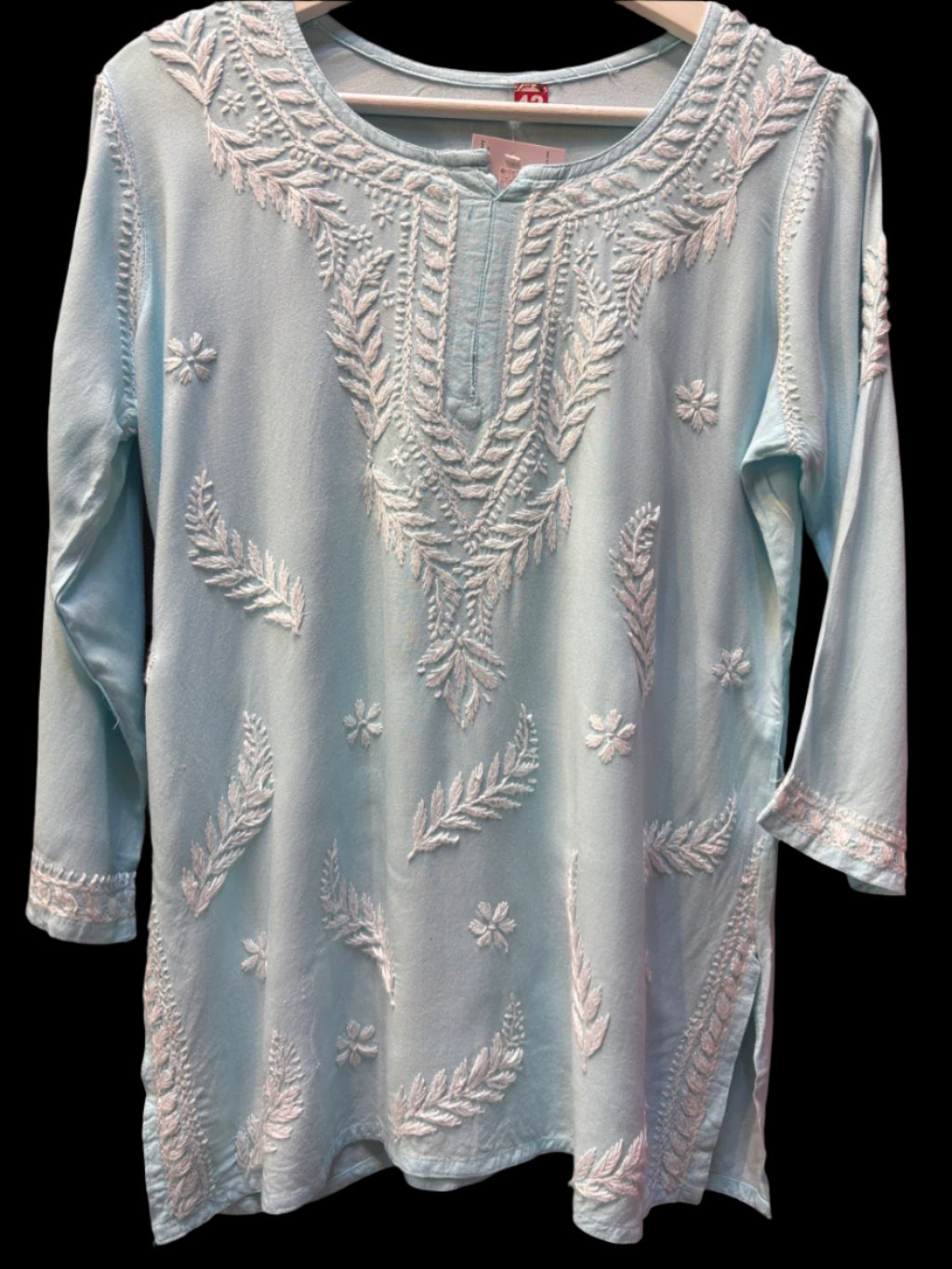 chikankari short kurti leaf motifs sky blue