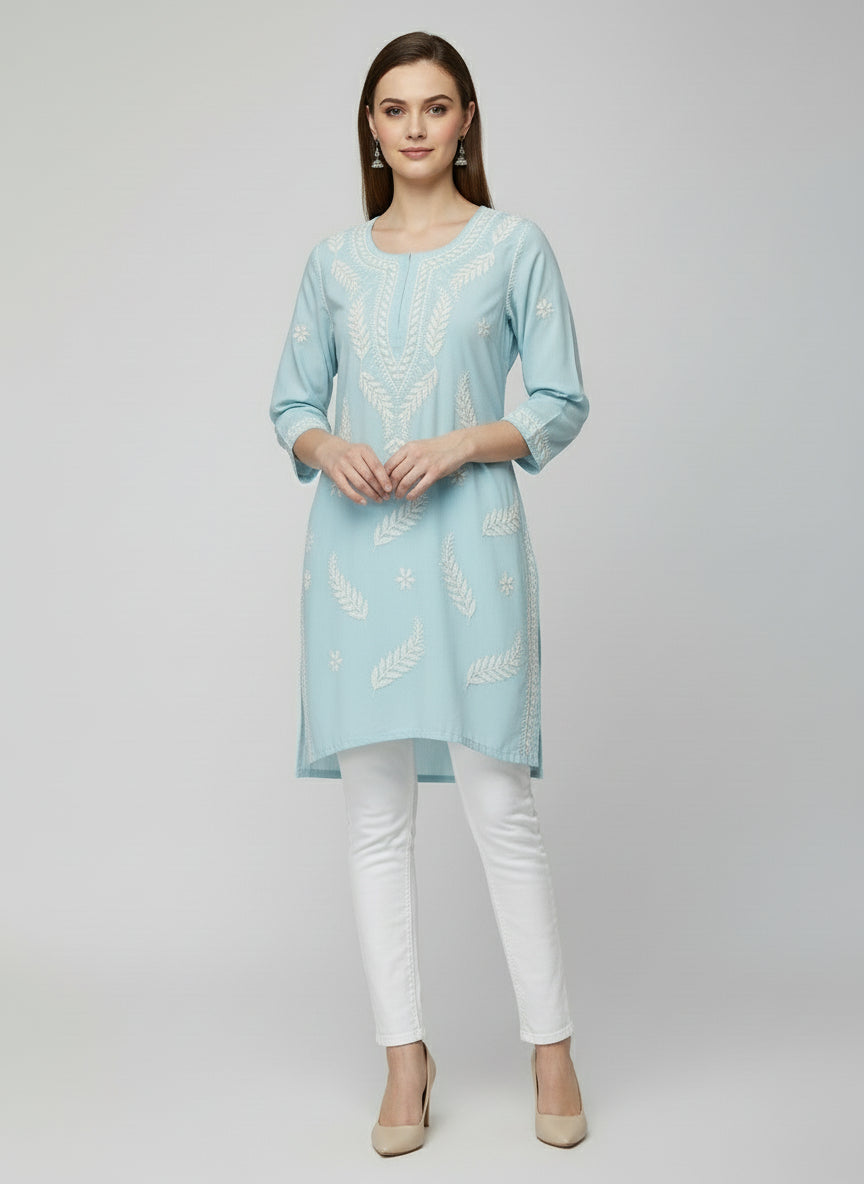 chikankari short kurti leaf motifs sky blue