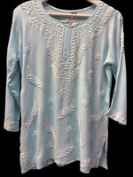 chikankari short kurti leaf motifs sky blue