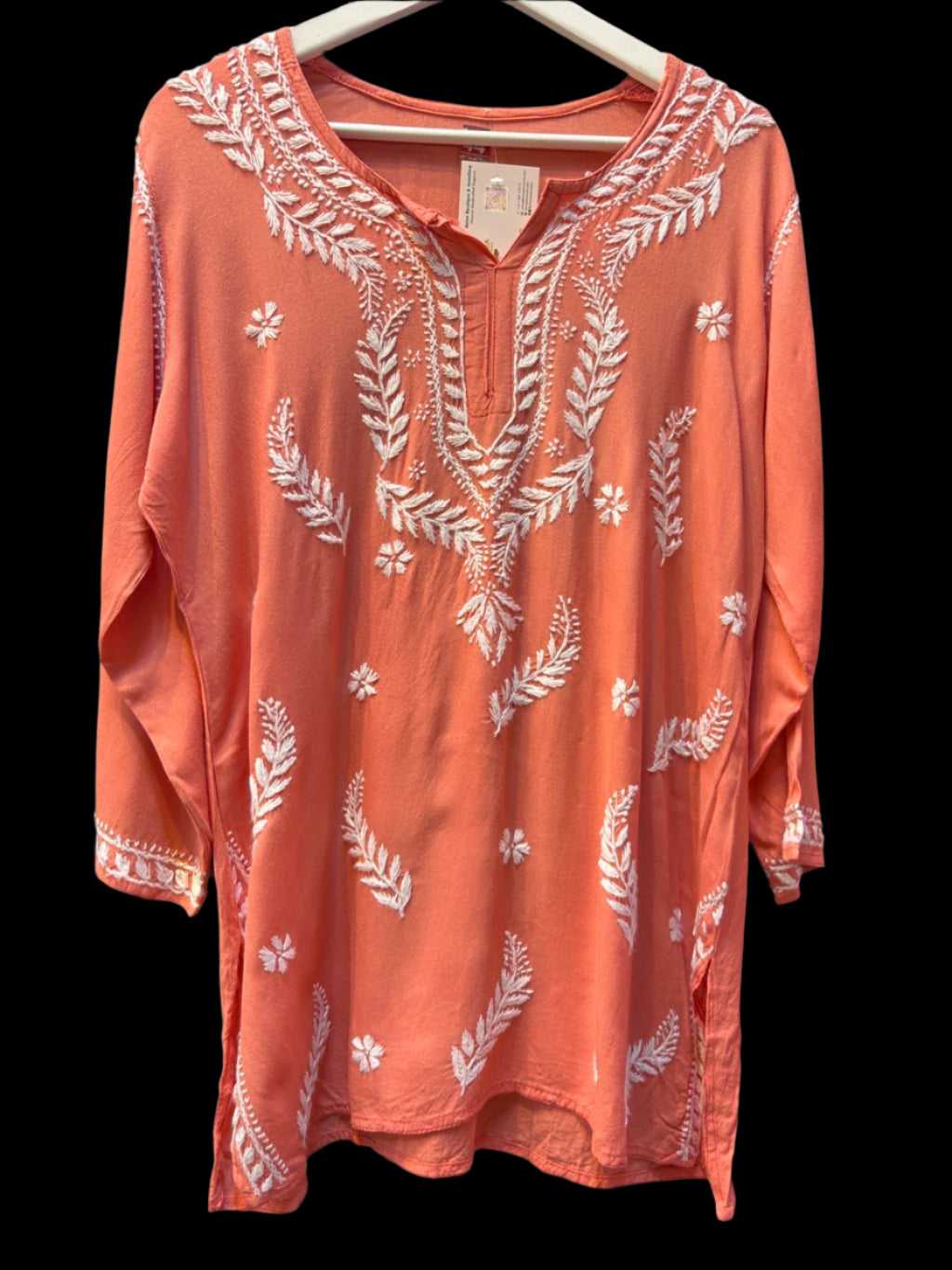 chikankari short kurti leaf motifs watermelon pink