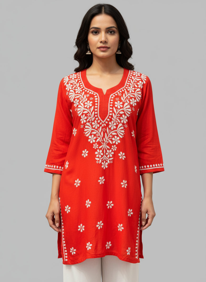 Chikankari short kurti, red with hand embroidery