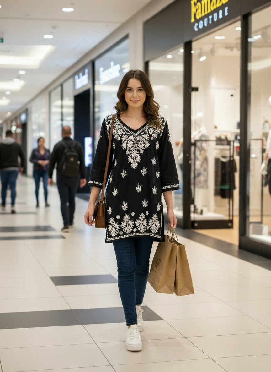 Chikankari short kurti with V neck in black with white embroidery