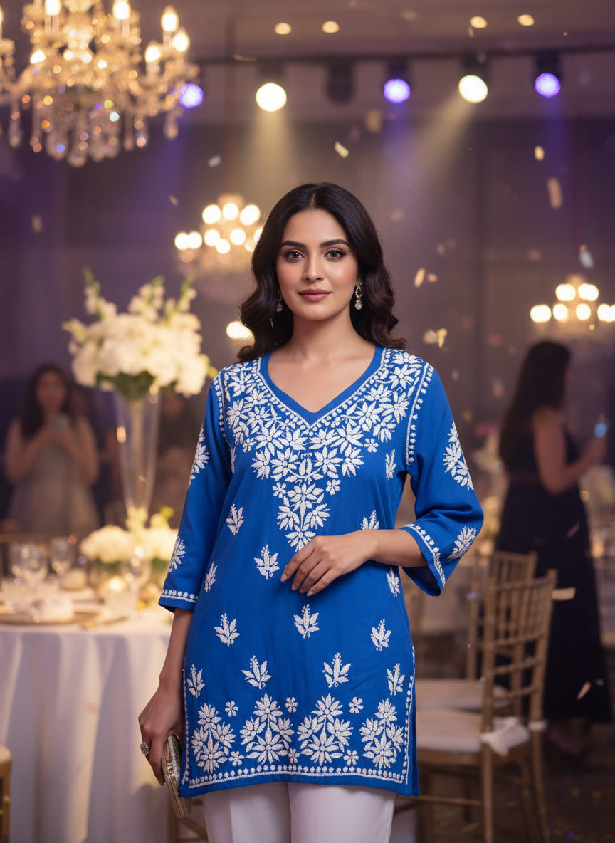 Chikankari short kurti with V neck in blue with white embroidery