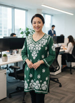 Chikankari short kurti with V neck in bottle green with white embroidery