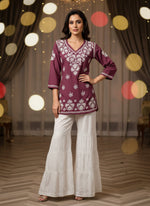 Chikankari short kurti with V neck in purple with white embroidery