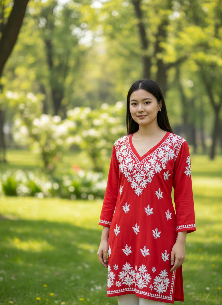 Chikankari short kurti with V neck in red with white embroidery