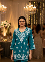 Chikankari short kurti with V neck in teal with white embroidery