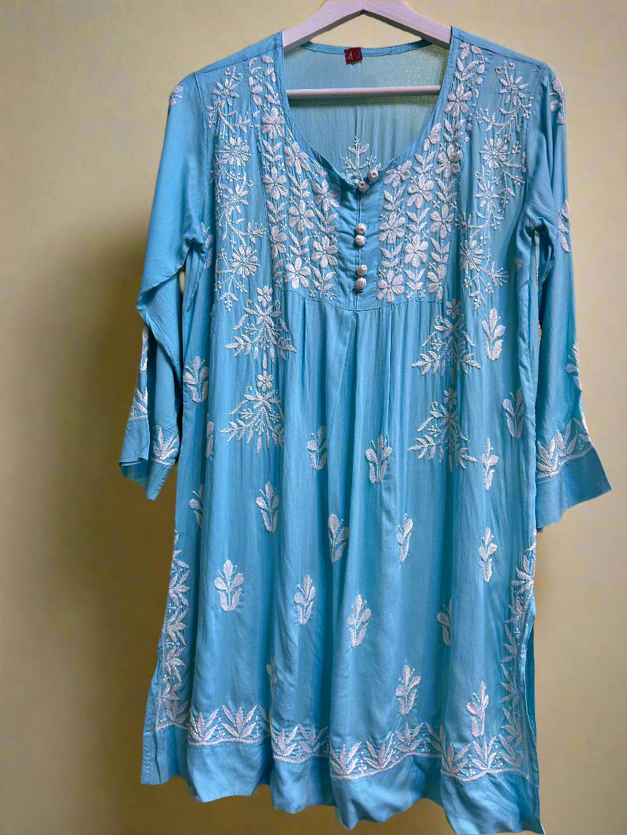 Chikankari short Naira style kurti, blue with white embroidery