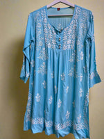 Chikankari short Naira style kurti, blue with white embroidery