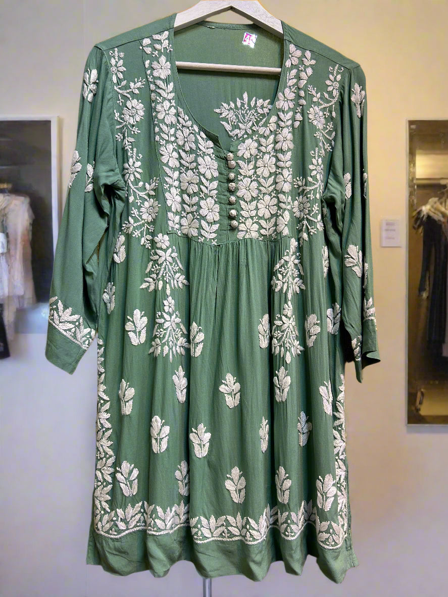 Chikankari short Naira style kurti, green with white embroidery