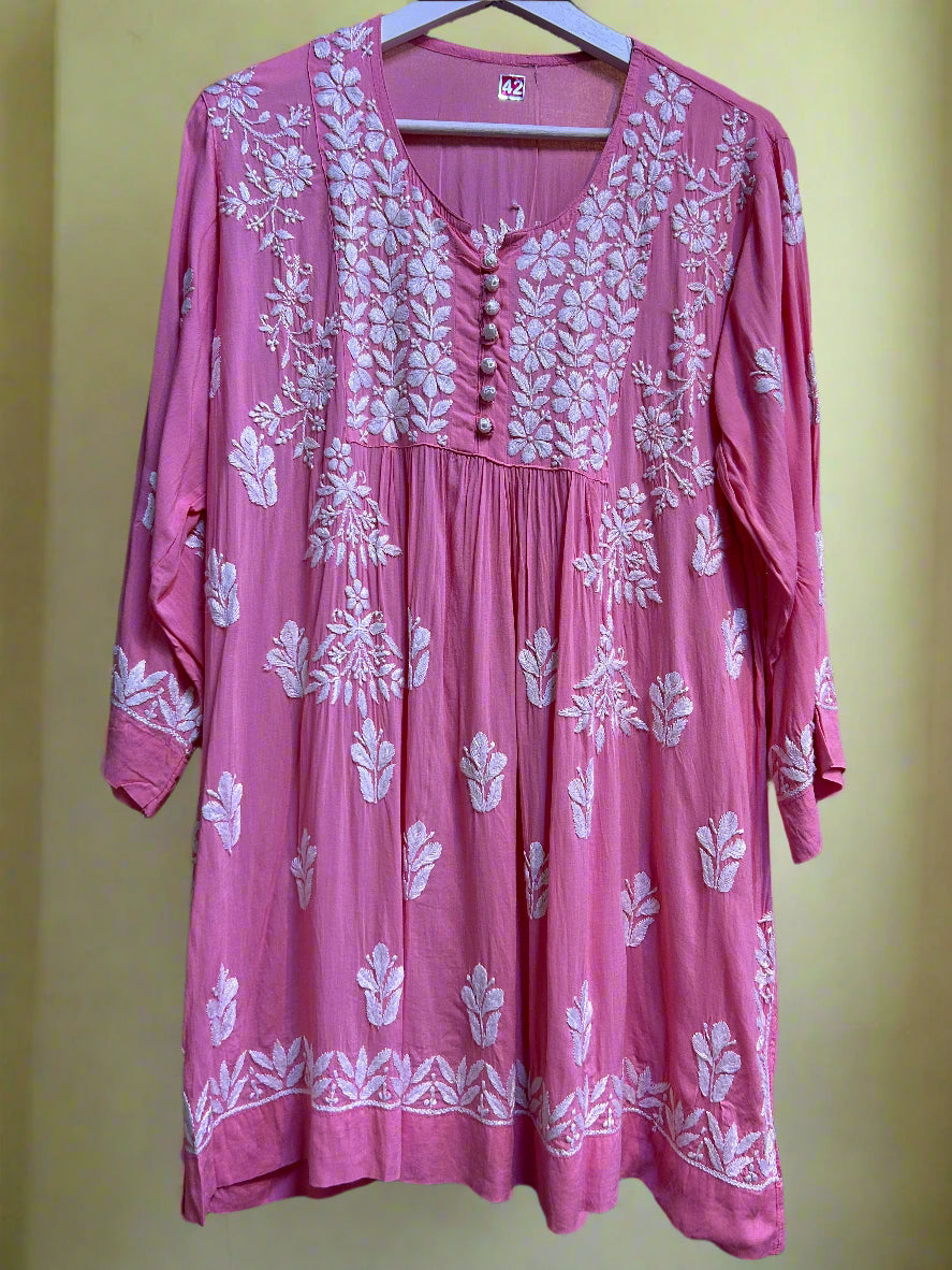 Chikankari short Naira style kurti, hot pink with white embroidery
