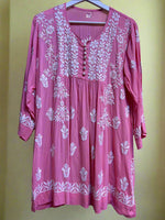 Chikankari short Naira style kurti, hot pink with white embroidery