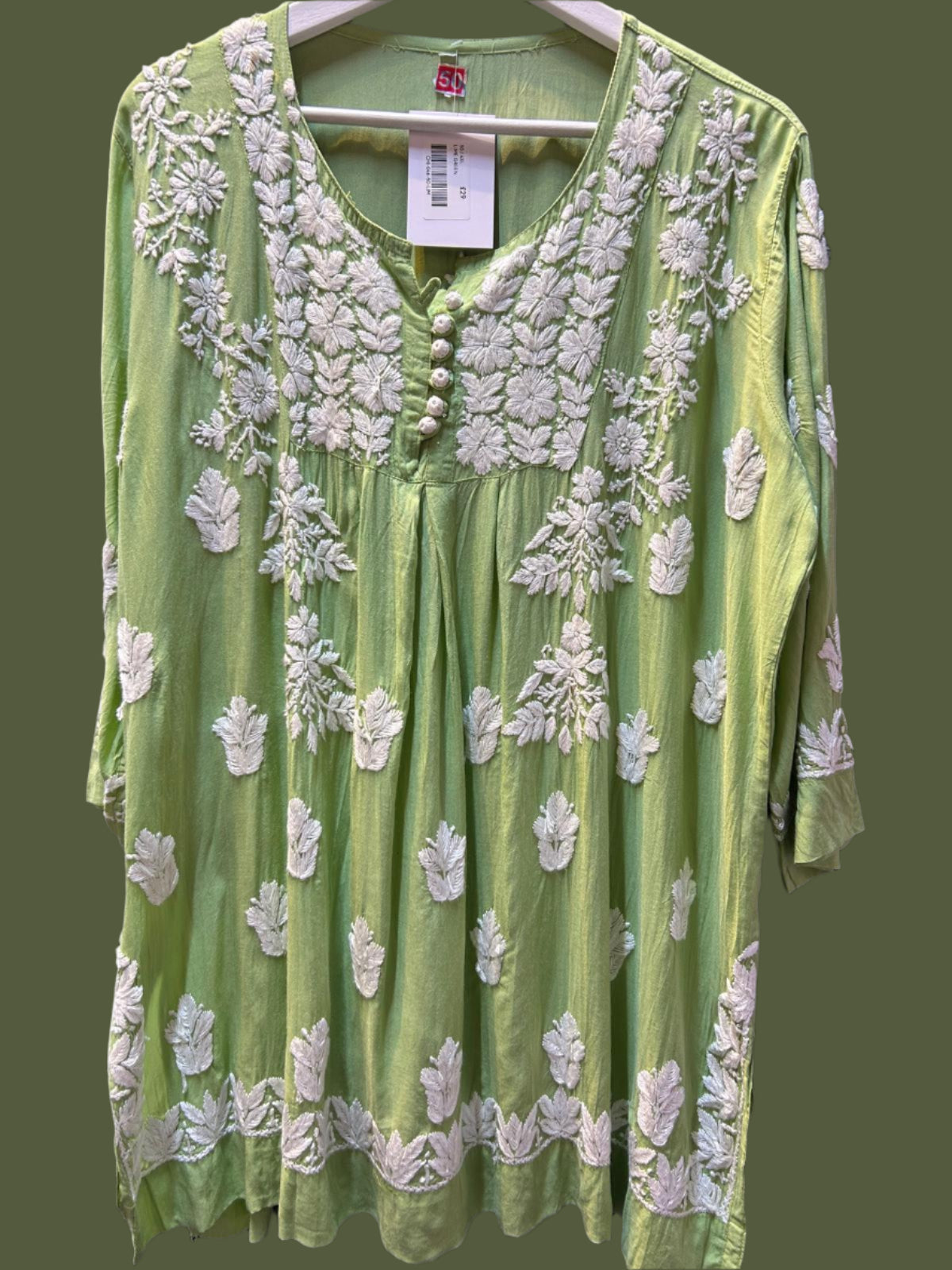 Chikankari short Naira style kurti, lime green with white embroidery