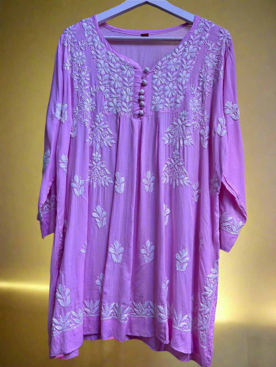 Chikankari short Naira style kurti, pink with white embroidery