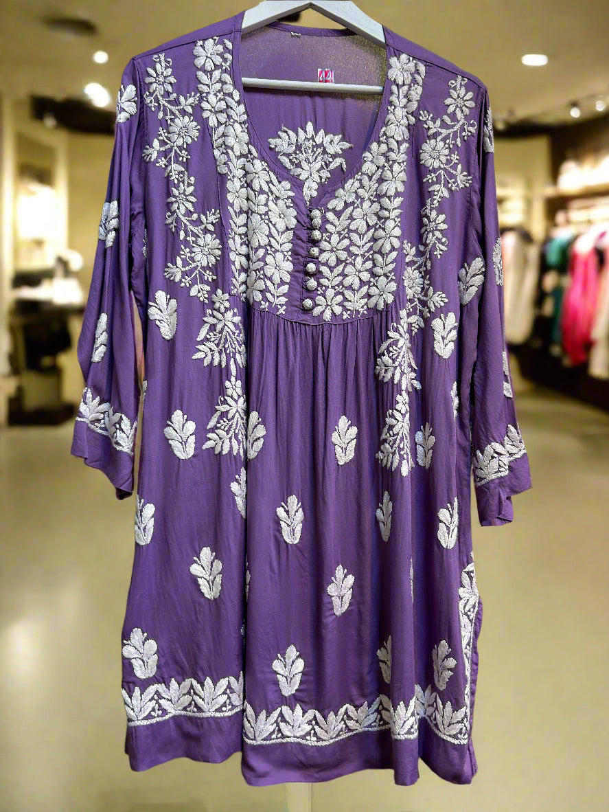 Chikankari short Naira style kurti, purple with white embroidery