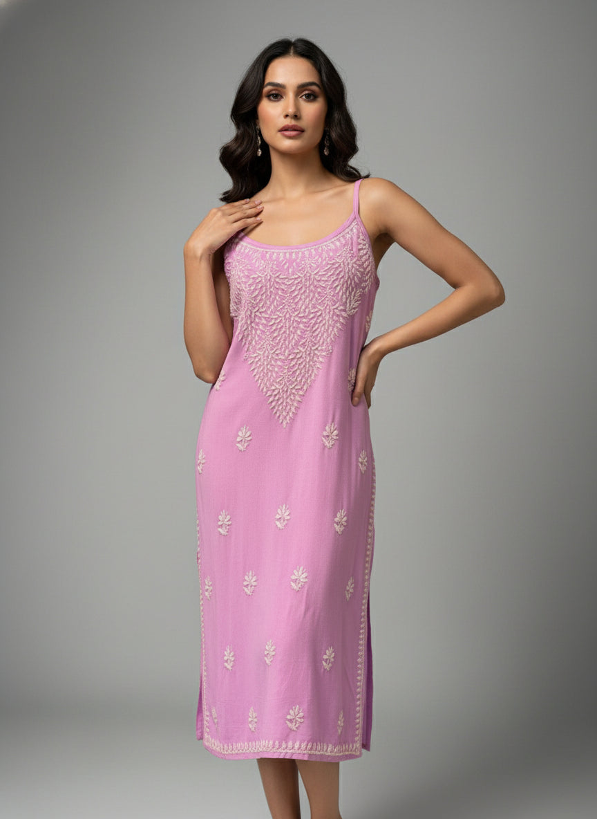 Chikankari embroidered slip summer kurti lavender