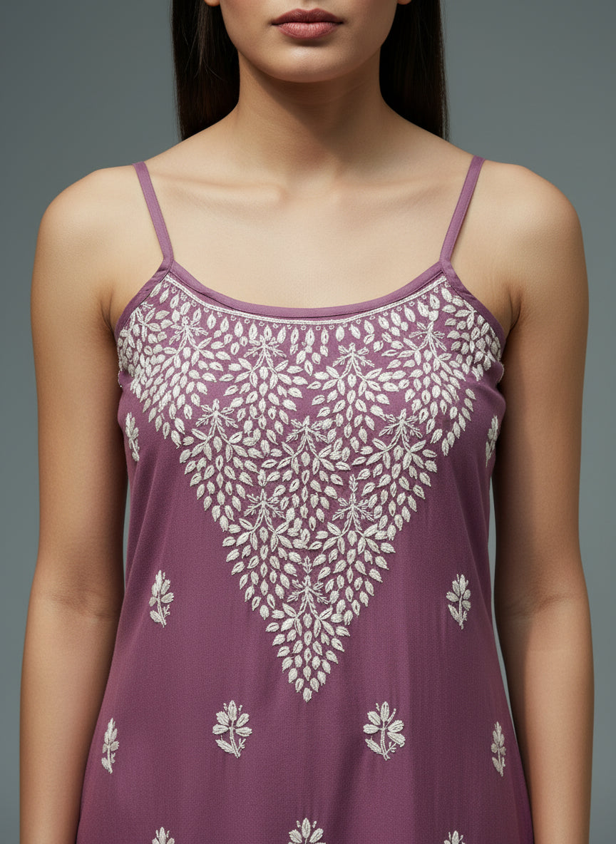 Chikankari embroidered slip summer kurti lilac close up