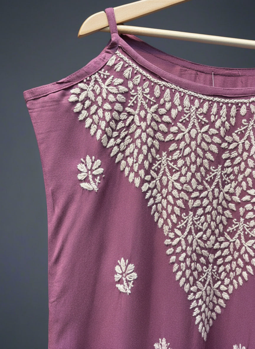 Chikankari embroidered slip summer kurti lilac side close up