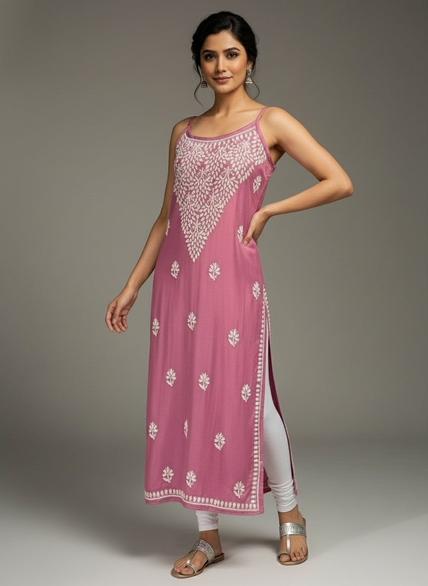 Chikankari embroidered slip summer kurti lilac