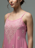 Chikankari embroidered slip summer kurti pink close up