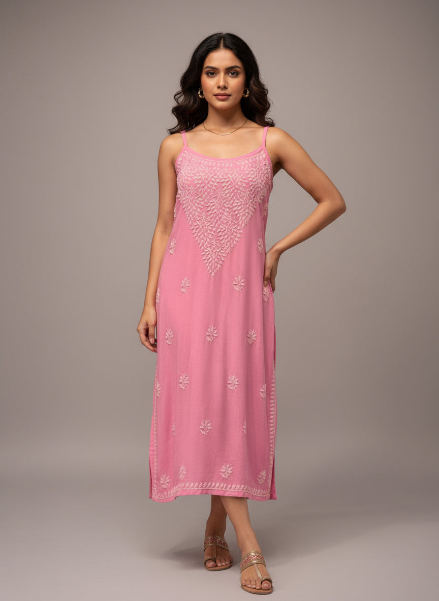 Chikankari embroidered slip summer kurti pink