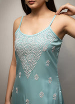 Chikankari embroidered slip summer kurti turquoise close up