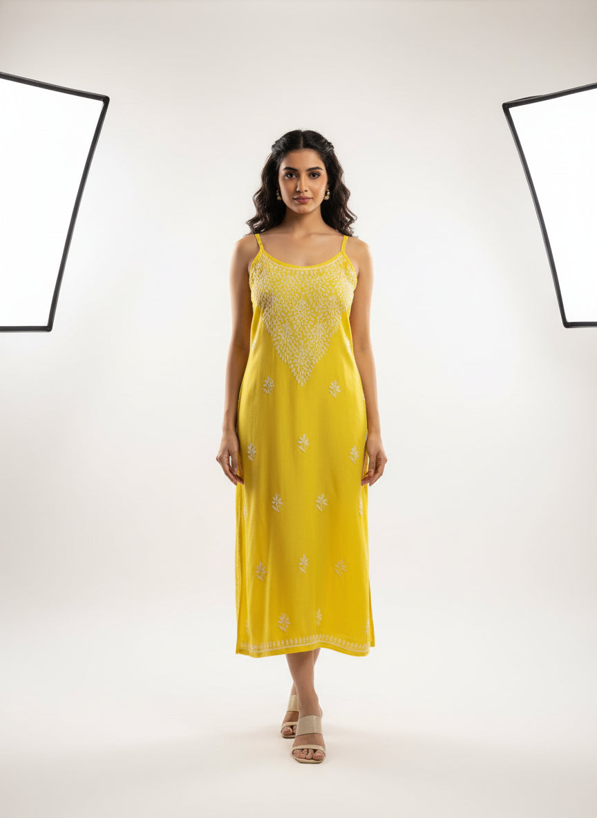 Chikankari embroidered slip summer kurti yellow