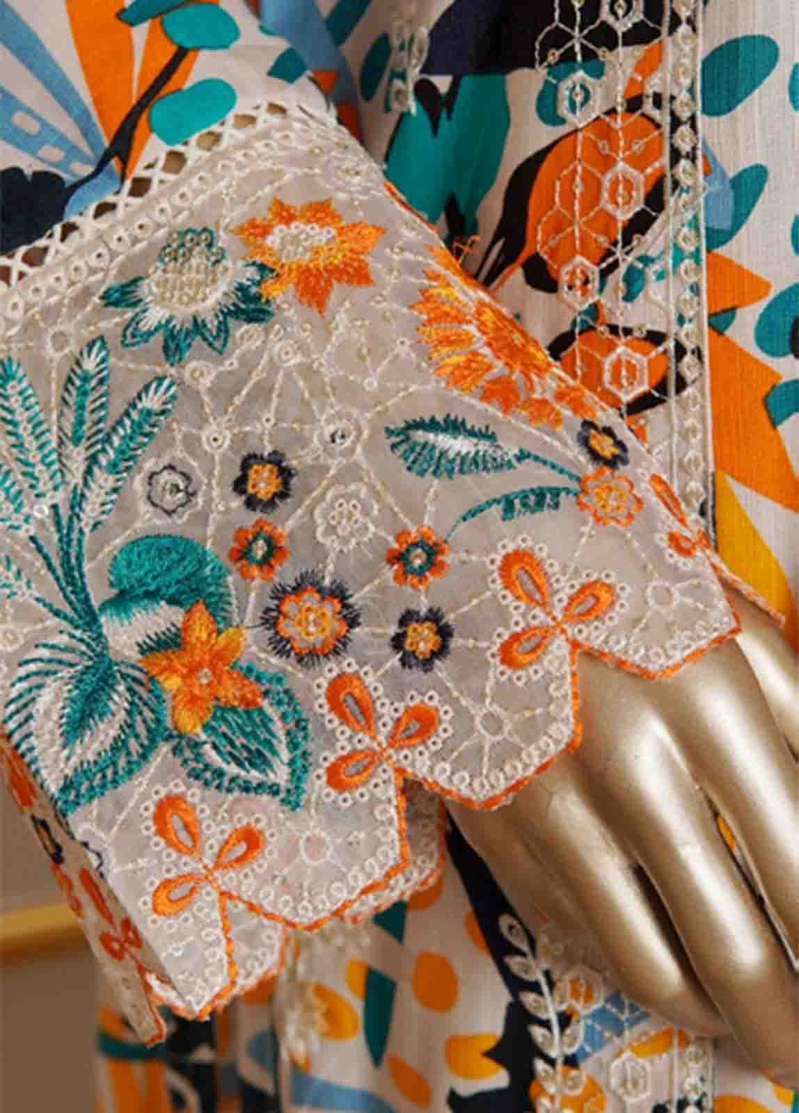 Beautiful chikankari style embroidery detail on Pakistani 3pc suit