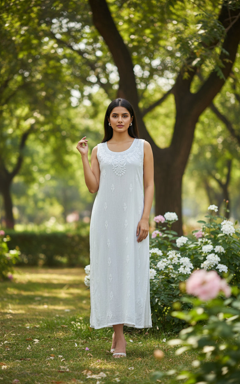 full view of white chikankari summer dress