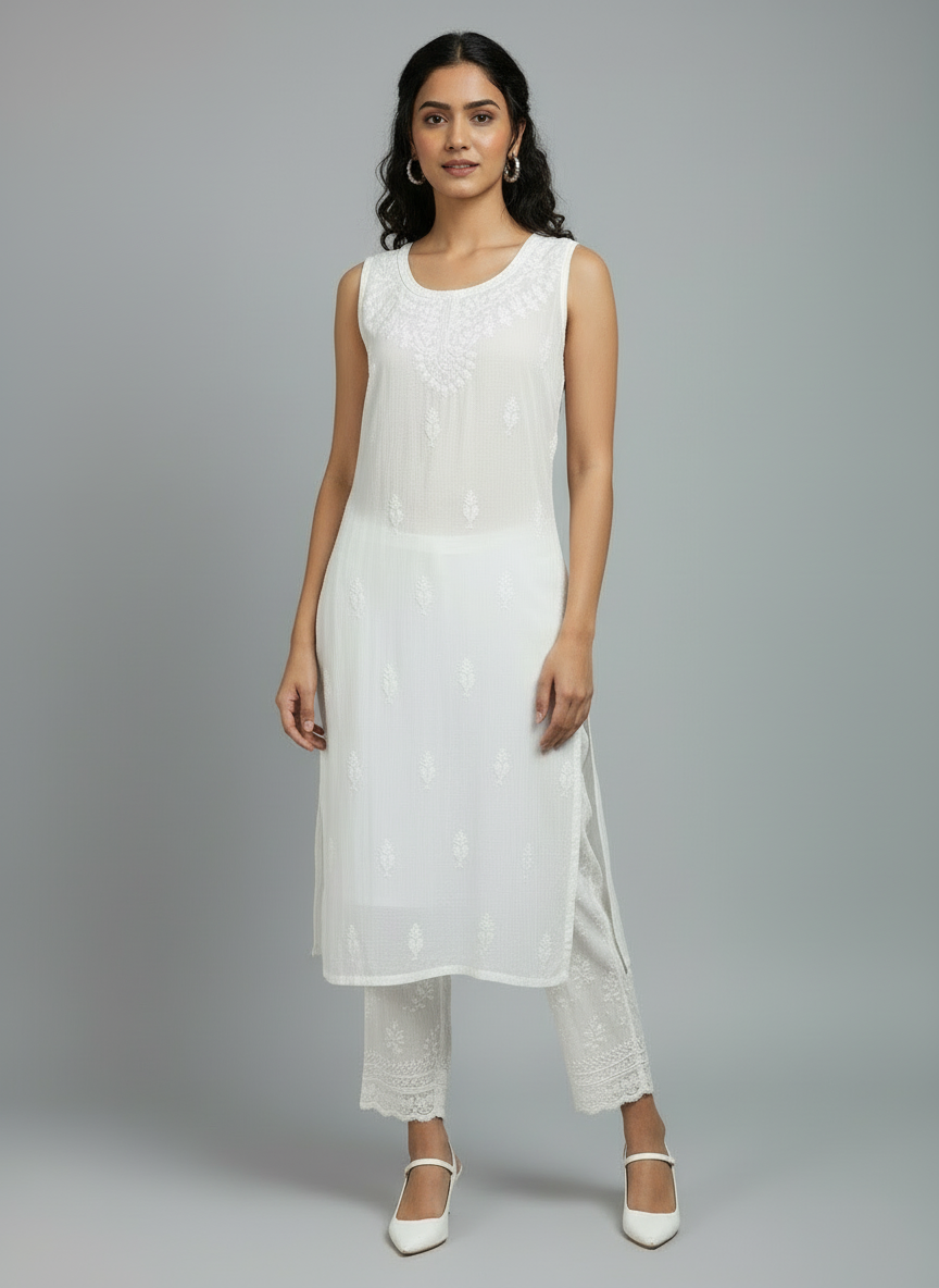 white chikankari summer dress full view on model