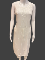 white chikankari summer dress close up full view on model