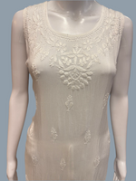 white chikankari summer dress upper close up on model