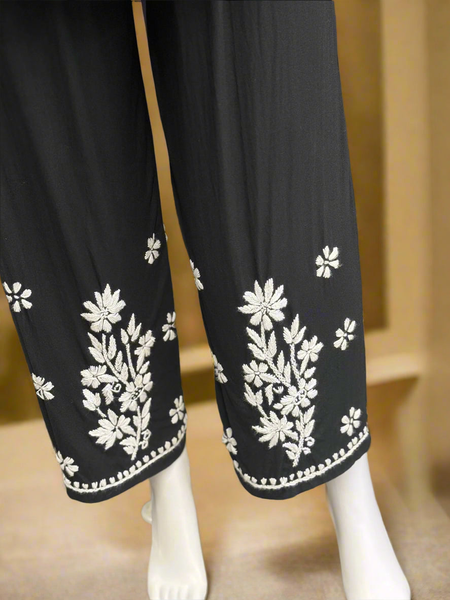 close up of embroidery on trouser of chikankari cord set