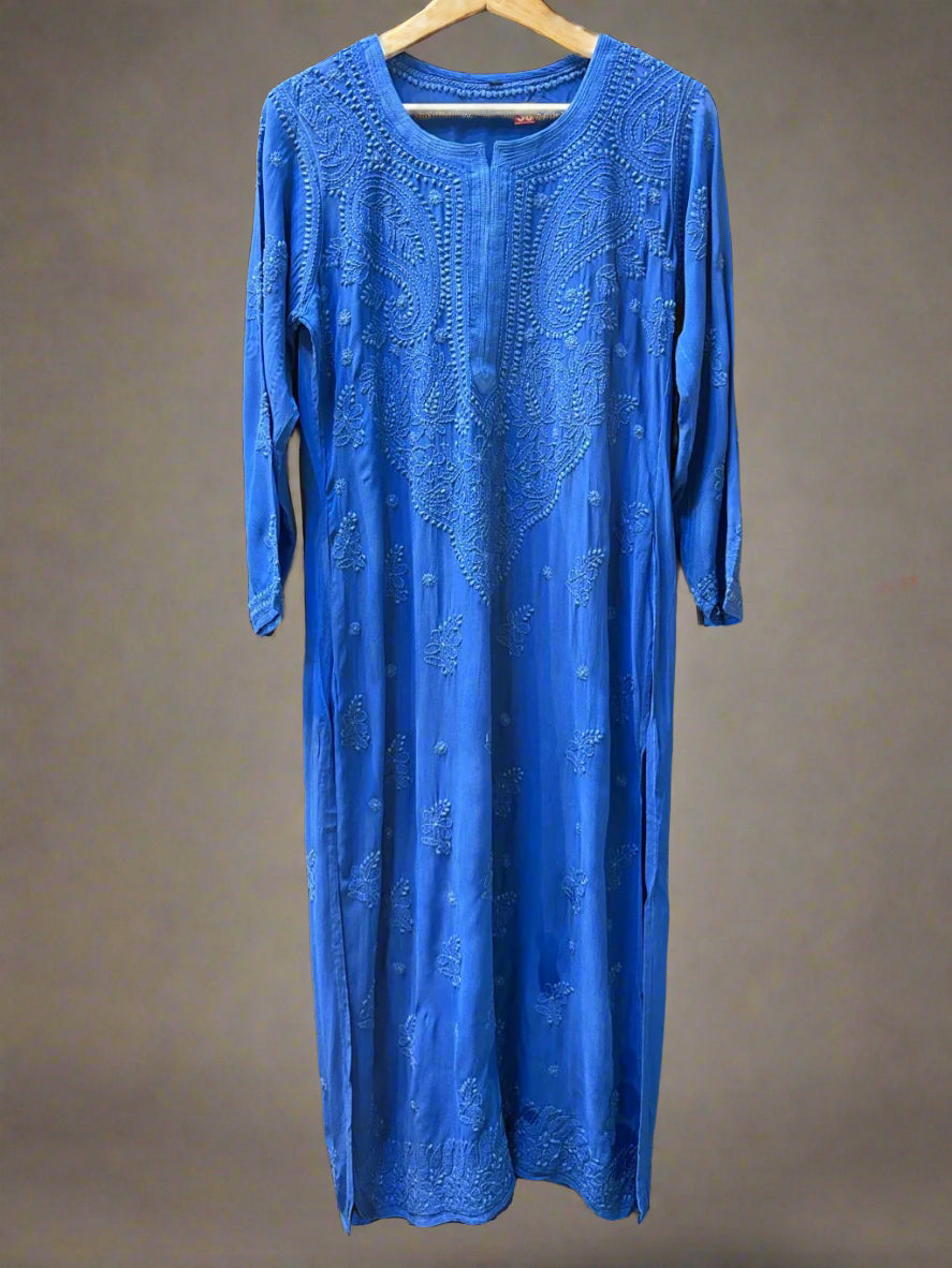 blue chikankari viscose long kurti