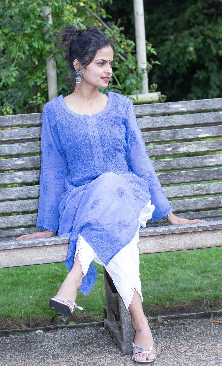 chikankari viscose long kurti model sitting