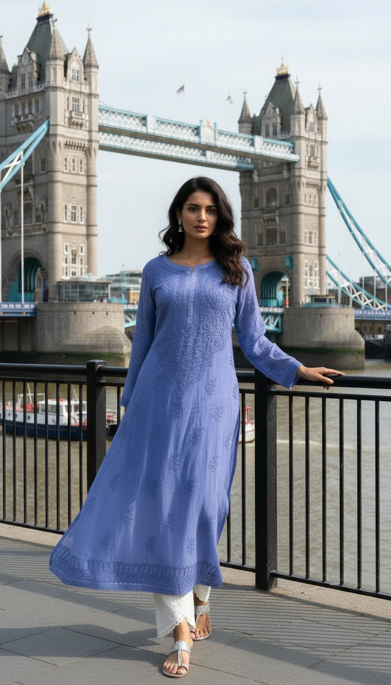 chikankari viscose long kurti model standing