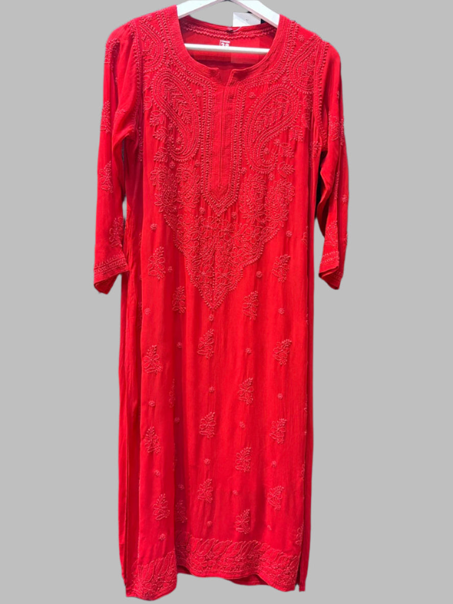 red chikankari viscose long kurti