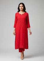 red chikankari viscose long kurti