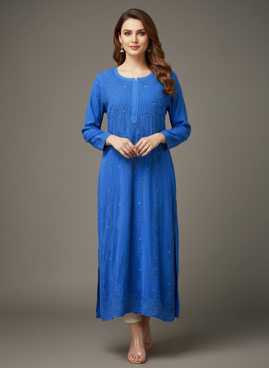Royal blue chikankari viscose long kurti