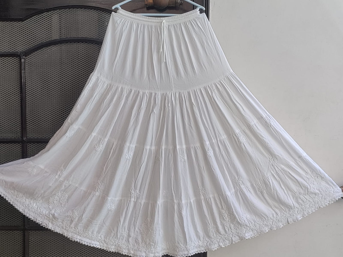 White premium rayon skirt with dense ghasspati work on bottom two flare layers
