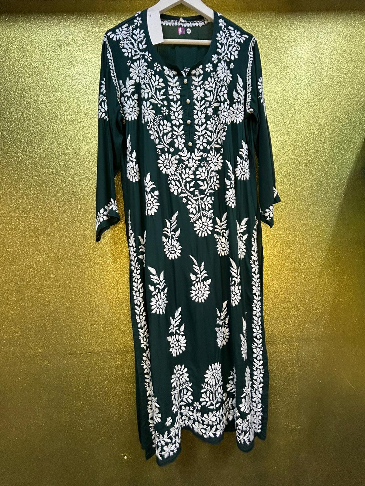 Chikankari Kurti Leaf Floral Border Green