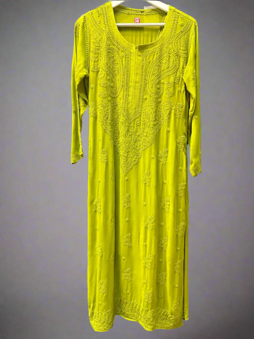 dhani green chikankari viscose long kurti