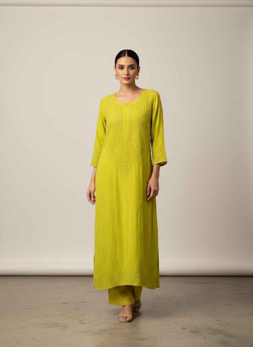 dhani green chikankari viscose long kurti