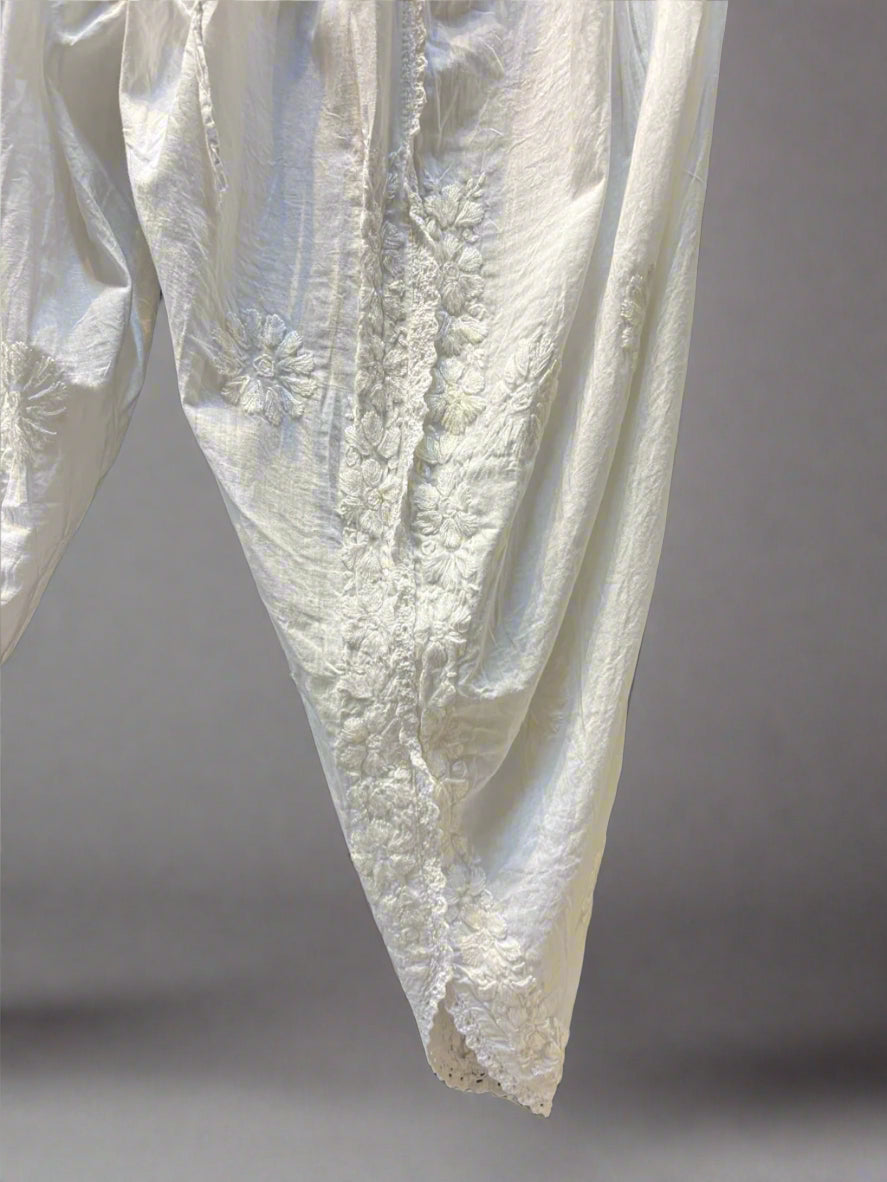 Close-up of White Chikankari embroidery Dhoti Pants Tulip Trousers