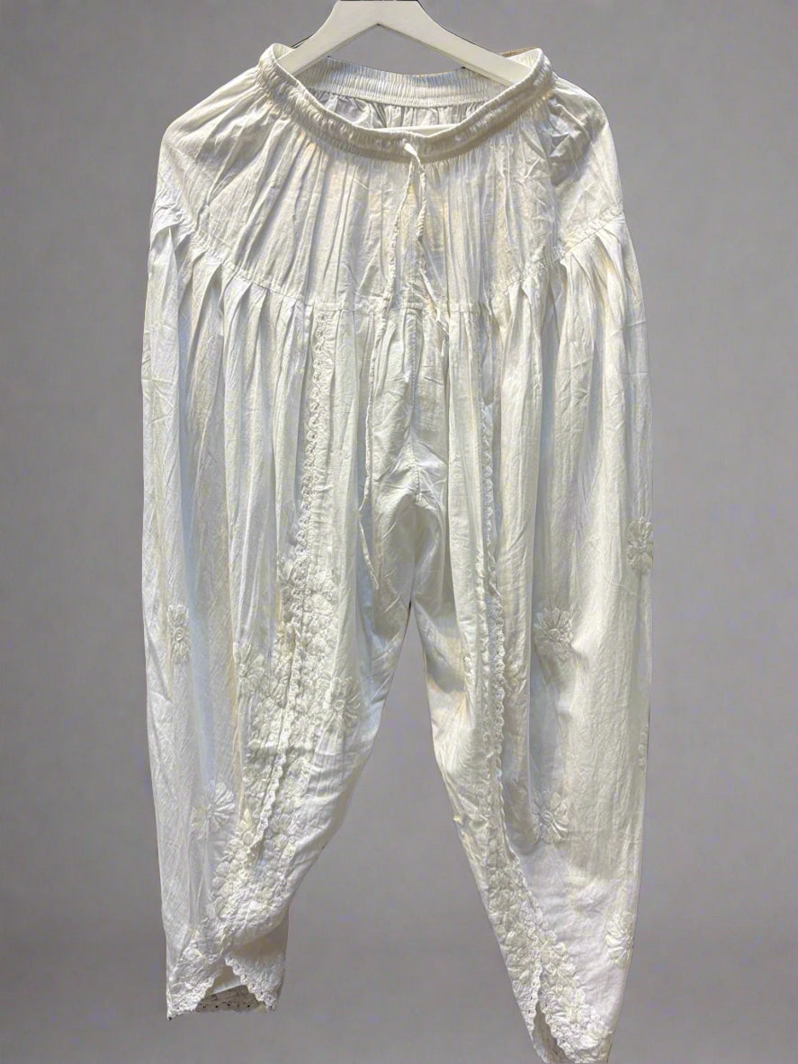 Front view of White Chikankari embroidery Dhoti Pants Tulip Trousers
