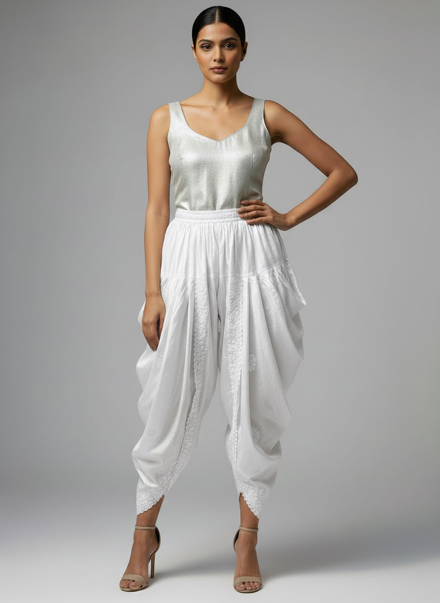Front view of White Chikankari embroidery Dhoti Pants Tulip Trousers