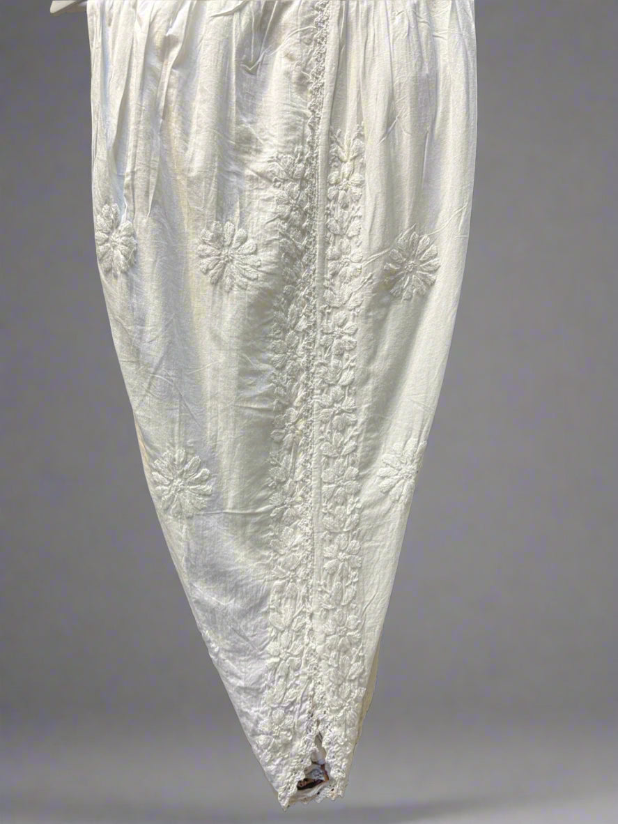 Close-up of White Chikankari embroidery Dhoti Pants Tulip Trousers Leg